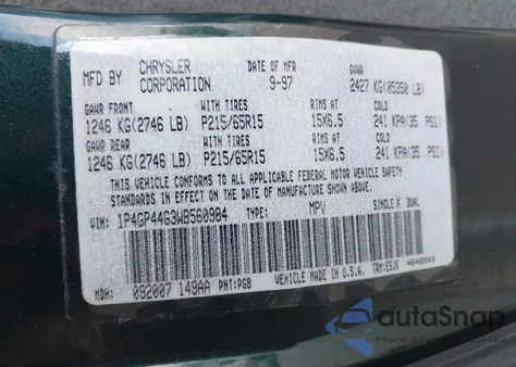 1998 Plymouth Grand Voyager Se из США, поврежденный, VIN 1P4GP44G3WB560984